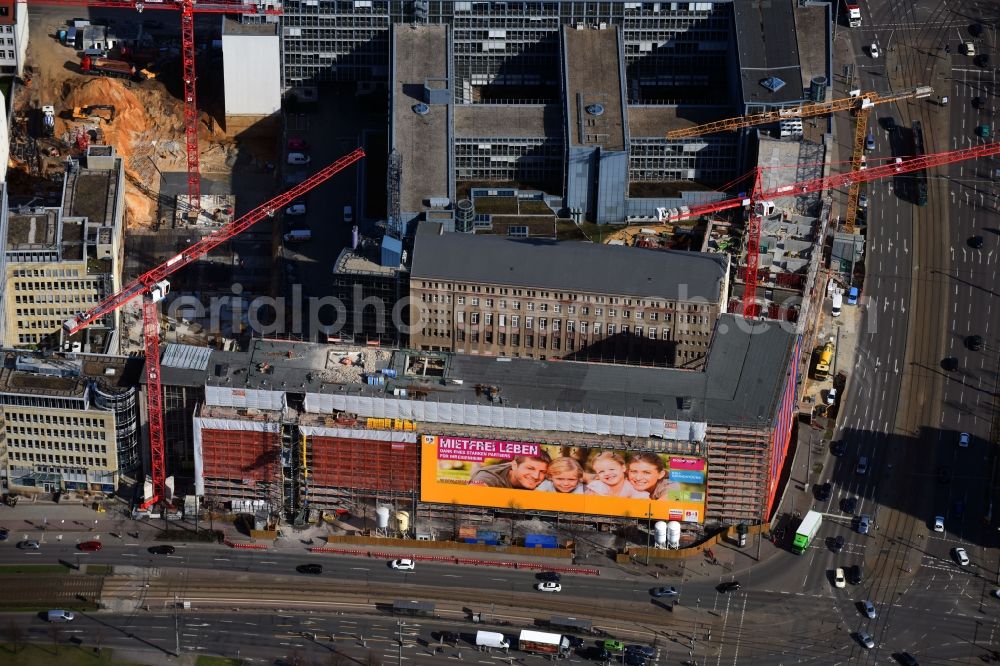 Aerial image Leipzig - Construction for the reconstruction and expansion of the old buildings listed building of Firma REINBAU GmbH on Georgiring corner Grimmaischer Steinweg and Querstrasse in the district Mitte in Leipzig in the state Saxony