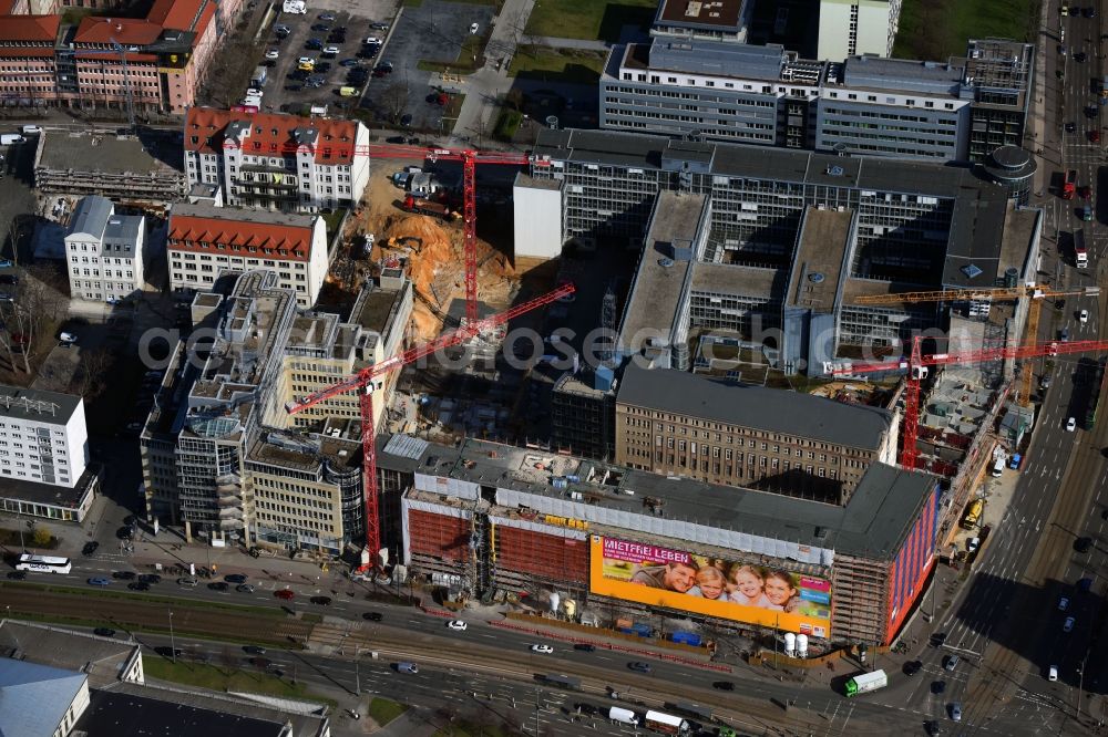 Aerial photograph Leipzig - Construction for the reconstruction and expansion of the old buildings listed building of Firma REINBAU GmbH on Georgiring corner Grimmaischer Steinweg and Querstrasse in the district Mitte in Leipzig in the state Saxony