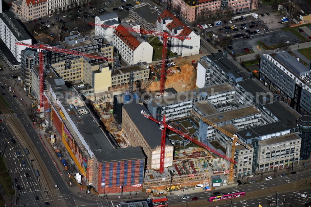 Leipzig from above - Construction for the reconstruction and expansion of the old buildings listed building of Firma REINBAU GmbH on Georgiring corner Grimmaischer Steinweg and Querstrasse in the district Mitte in Leipzig in the state Saxony