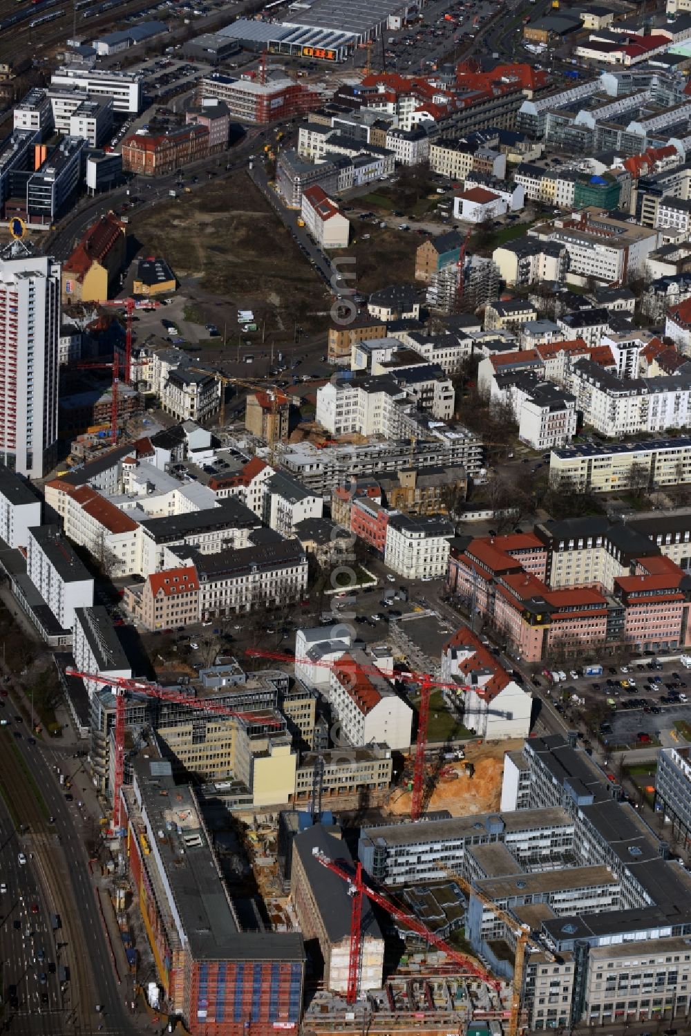 Aerial image Leipzig - Construction for the reconstruction and expansion of the old buildings listed building of Firma REINBAU GmbH on Georgiring corner Grimmaischer Steinweg and Querstrasse in the district Mitte in Leipzig in the state Saxony