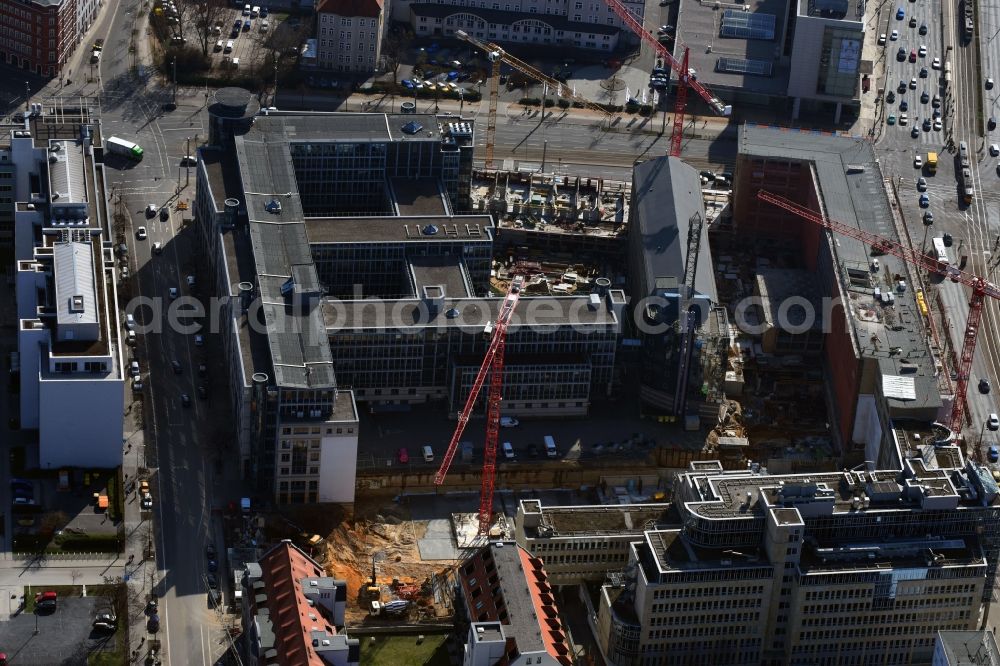 Aerial image Leipzig - Construction for the reconstruction and expansion of the old buildings listed building of Firma REINBAU GmbH on Georgiring corner Grimmaischer Steinweg and Querstrasse in the district Mitte in Leipzig in the state Saxony