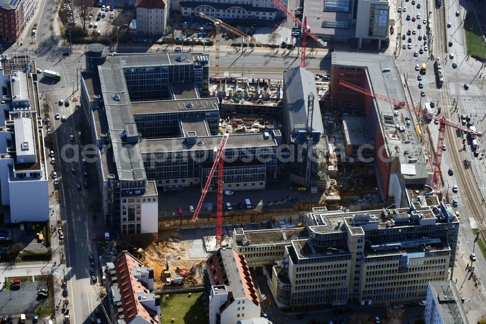 Aerial photograph Leipzig - Construction for the reconstruction and expansion of the old buildings listed building of Firma REINBAU GmbH on Georgiring corner Grimmaischer Steinweg and Querstrasse in the district Mitte in Leipzig in the state Saxony