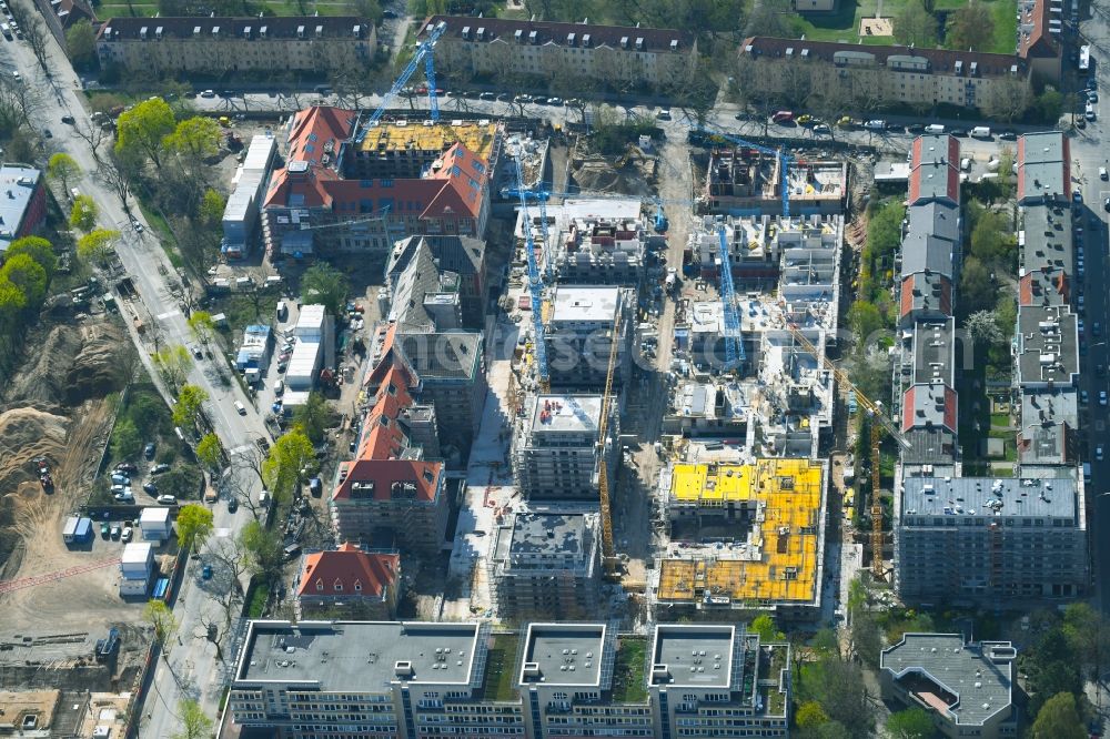 Aerial image Berlin - Construction for the reconstruction and expansion of the old buildings listed building on Mariendorfer Weg in the district Neukoelln in Berlin