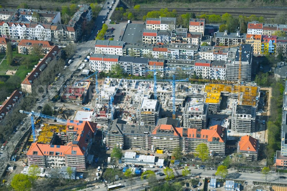 Berlin from the bird's eye view: Construction for the reconstruction and expansion of the old buildings listed building on Mariendorfer Weg in the district Neukoelln in Berlin