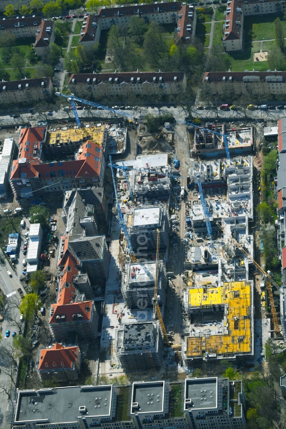 Berlin from the bird's eye view: Construction for the reconstruction and expansion of the old buildings listed building on Mariendorfer Weg in the district Neukoelln in Berlin