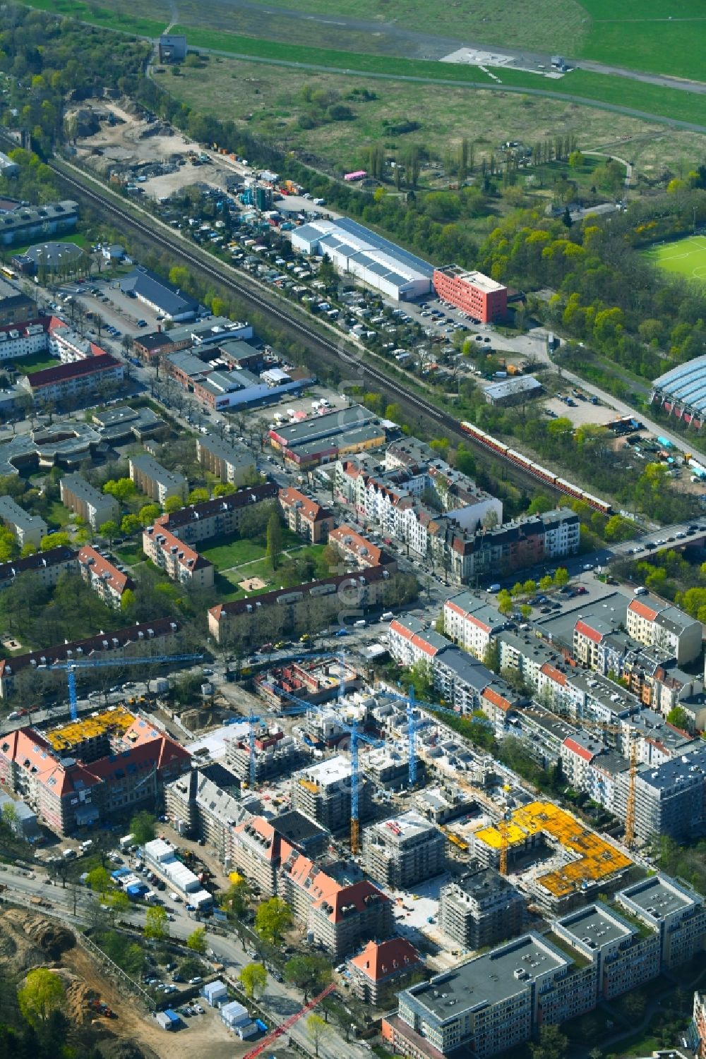 Berlin from the bird's eye view: Construction for the reconstruction and expansion of the old buildings listed building on Mariendorfer Weg in the district Neukoelln in Berlin