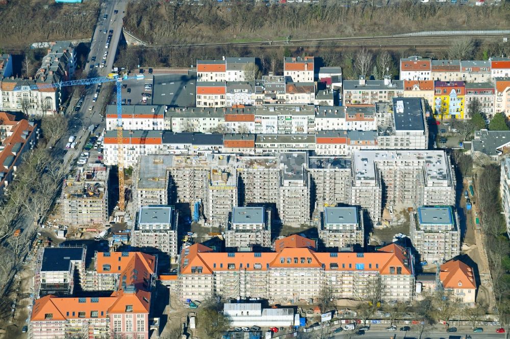 Aerial image Berlin - Construction for the reconstruction and expansion of the old buildings listed building on Mariendorfer Weg in the district Neukoelln in Berlin