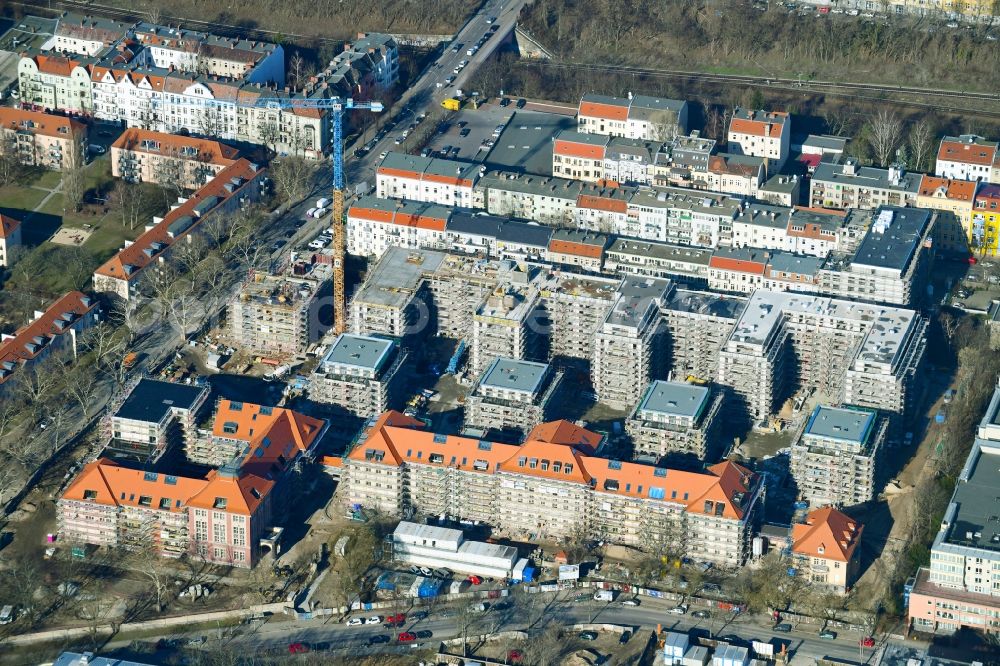 Berlin from the bird's eye view: Construction for the reconstruction and expansion of the old buildings listed building on Mariendorfer Weg in the district Neukoelln in Berlin