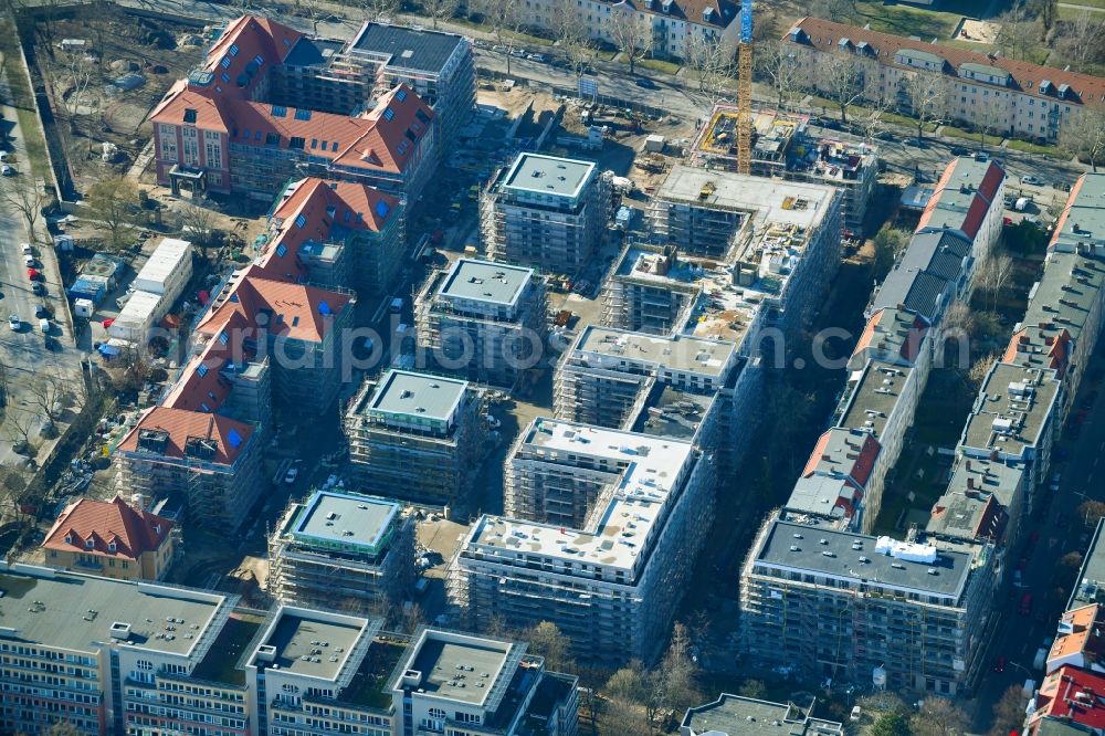 Berlin from the bird's eye view: Construction for the reconstruction and expansion of the old buildings listed building on Mariendorfer Weg in the district Neukoelln in Berlin