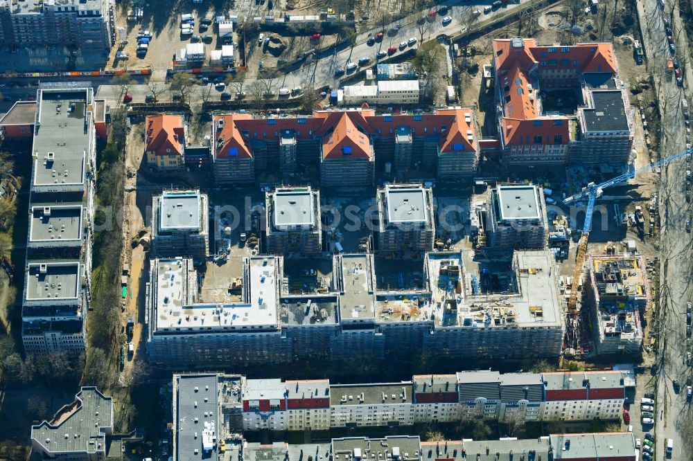 Aerial image Berlin - Construction for the reconstruction and expansion of the old buildings listed building on Mariendorfer Weg in the district Neukoelln in Berlin