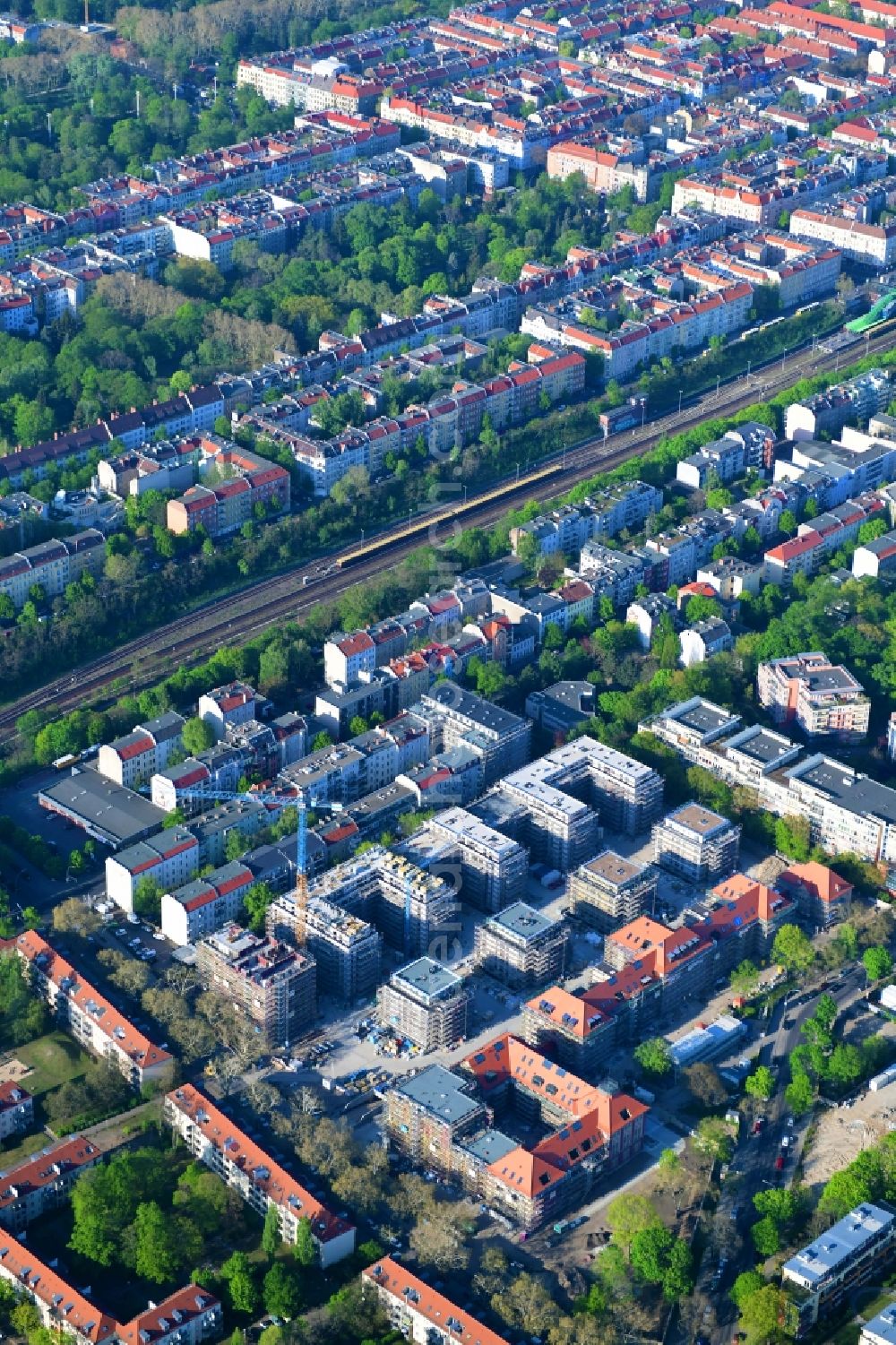 Berlin from the bird's eye view: Construction for the reconstruction and expansion of the old buildings listed building on Mariendorfer Weg in the district Neukoelln in Berlin