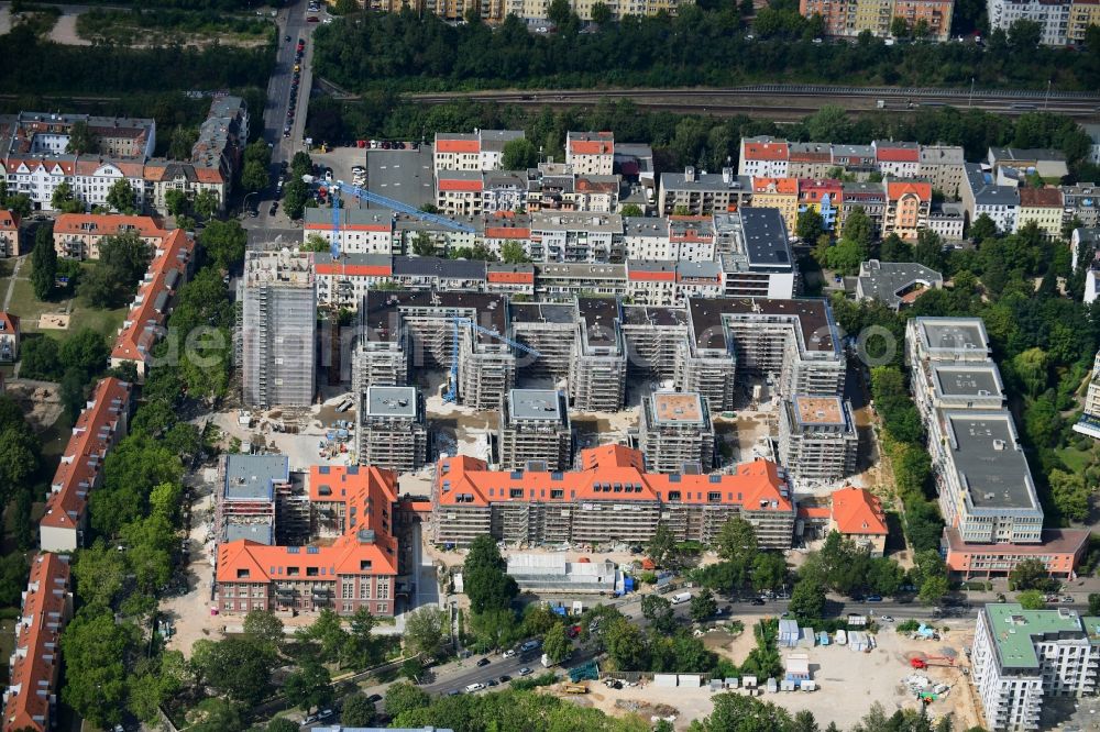 Berlin from above - Construction for the reconstruction and expansion of the old buildings listed building on Mariendorfer Weg in the district Neukoelln in Berlin