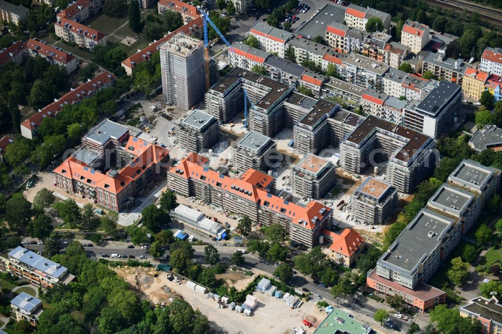 Berlin from the bird's eye view: Construction for the reconstruction and expansion of the old buildings listed building on Mariendorfer Weg in the district Neukoelln in Berlin