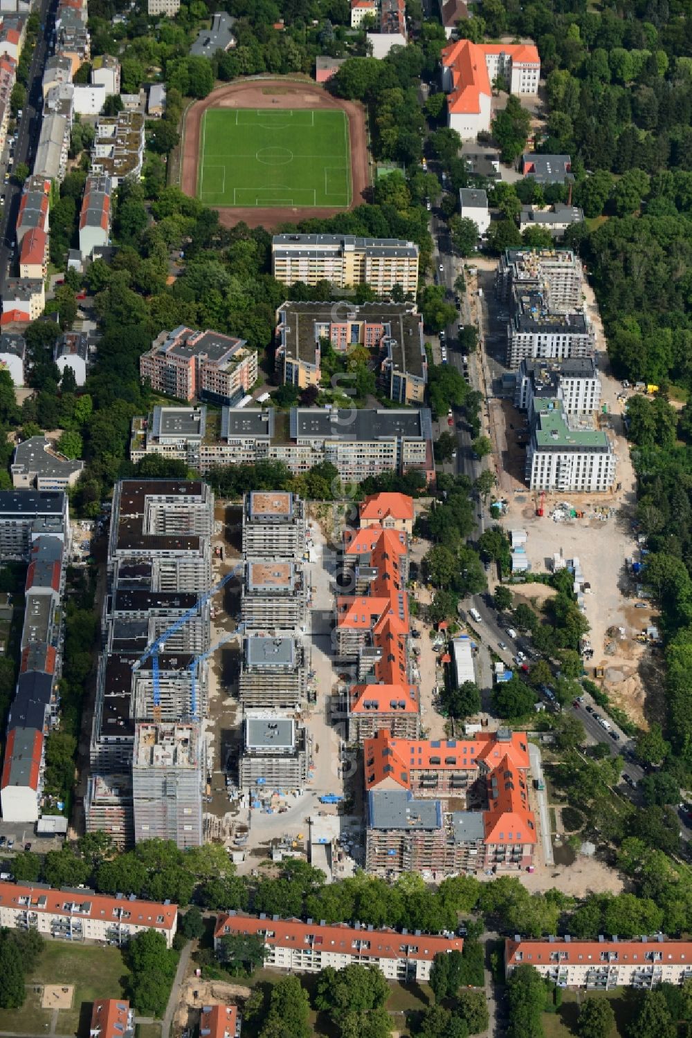 Berlin from the bird's eye view: Construction for the reconstruction and expansion of the old buildings listed building on Mariendorfer Weg in the district Neukoelln in Berlin