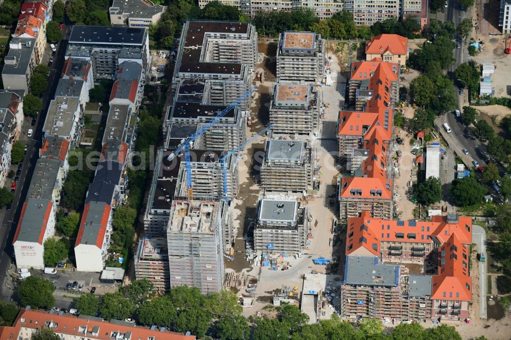 Aerial image Berlin - Construction for the reconstruction and expansion of the old buildings listed building on Mariendorfer Weg in the district Neukoelln in Berlin