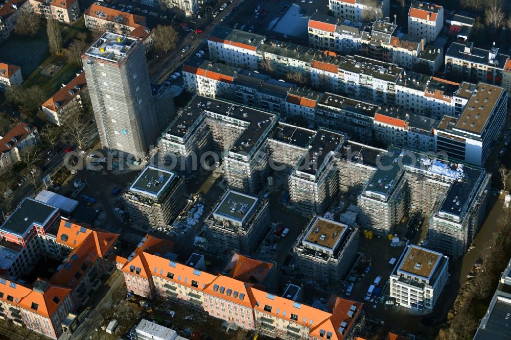 Berlin from above - Construction for the reconstruction and expansion of the old buildings listed building on Mariendorfer Weg in the district Neukoelln in Berlin