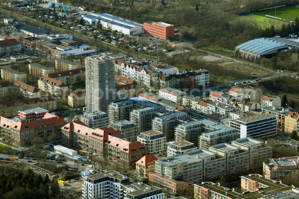 Aerial image Berlin - Construction for the reconstruction and expansion of the old buildings listed building on Mariendorfer Weg in the district Neukoelln in Berlin