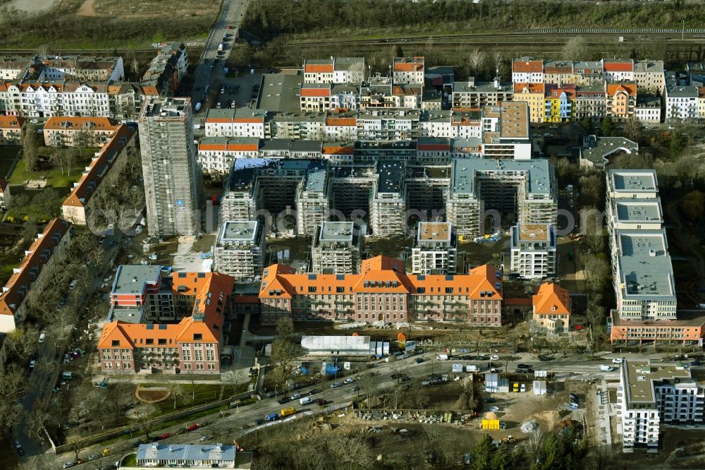 Aerial image Berlin - Construction for the reconstruction and expansion of the old buildings listed building on Mariendorfer Weg in the district Neukoelln in Berlin