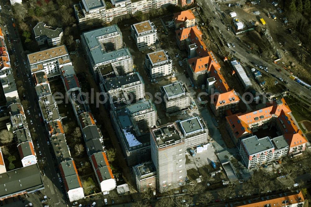 Aerial image Berlin - Construction for the reconstruction and expansion of the old buildings listed building on Mariendorfer Weg in the district Neukoelln in Berlin