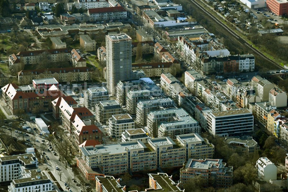 Aerial image Berlin - Construction for the reconstruction and expansion of the old buildings listed building on Mariendorfer Weg in the district Neukoelln in Berlin