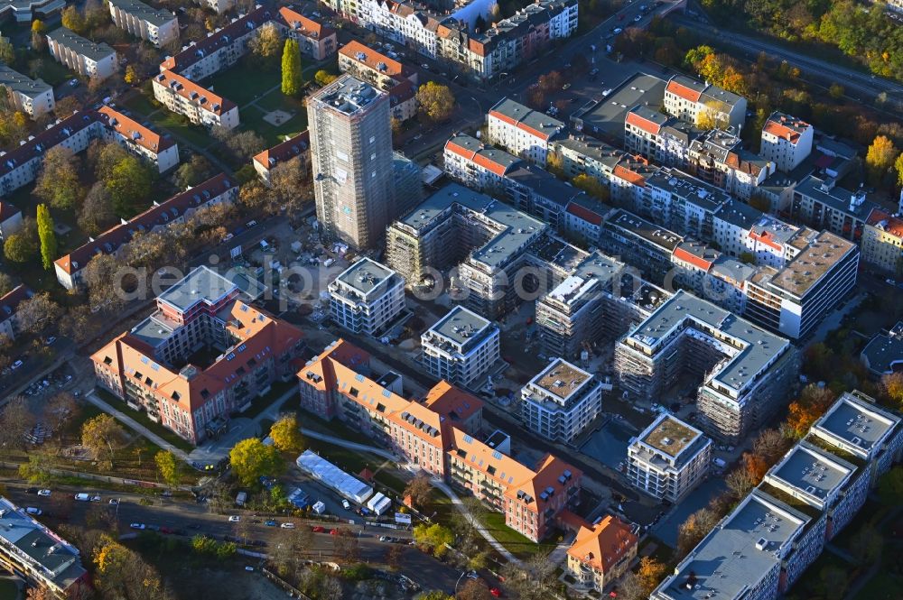 Berlin from the bird's eye view: Construction for the reconstruction and expansion of the old buildings listed building on Mariendorfer Weg in the district Neukoelln in Berlin