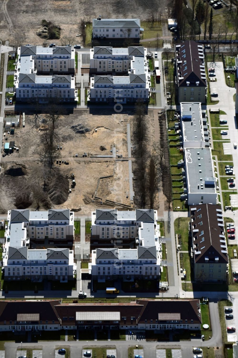 Berlin from above - Construction for the reconstruction and expansion of the old buildings listed building Patersdorfer - Regener - Zachenberger Strasse in the district Karlshorst in Berlin