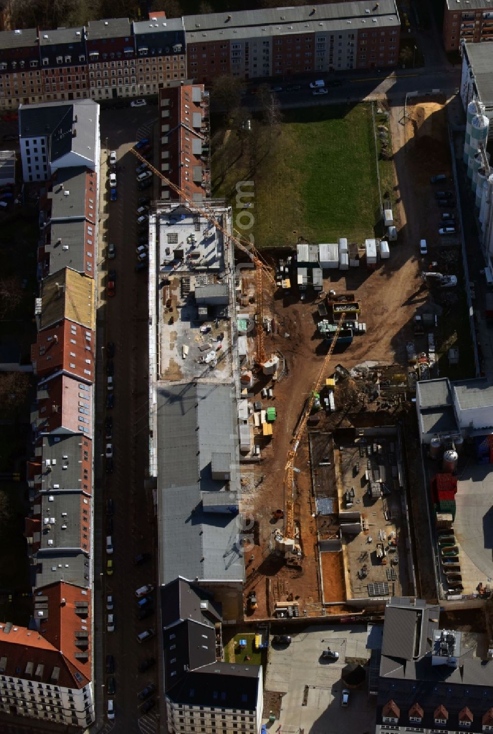 Leipzig from above - Construction for the reconstruction and expansion of the old buildings listed building Albert-Schweitzer-Strasse in Leipzig in the state Saxony