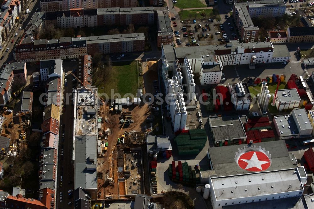 Leipzig from the bird's eye view: Construction for the reconstruction and expansion of the old buildings listed building Albert-Schweitzer-Strasse in Leipzig in the state Saxony