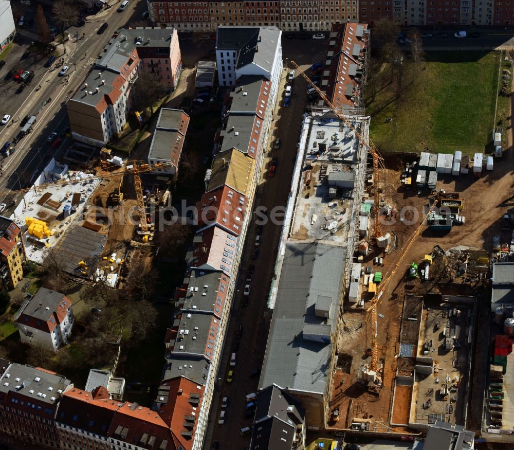 Aerial image Leipzig - Construction for the reconstruction and expansion of the old buildings listed building Albert-Schweitzer-Strasse in Leipzig in the state Saxony