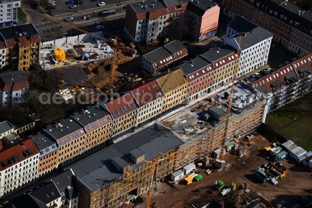 Leipzig from above - Construction for the reconstruction and expansion of the old buildings listed building Albert-Schweitzer-Strasse in Leipzig in the state Saxony