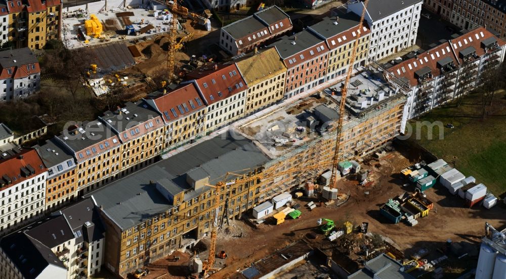 Leipzig from the bird's eye view: Construction for the reconstruction and expansion of the old buildings listed building Albert-Schweitzer-Strasse in Leipzig in the state Saxony