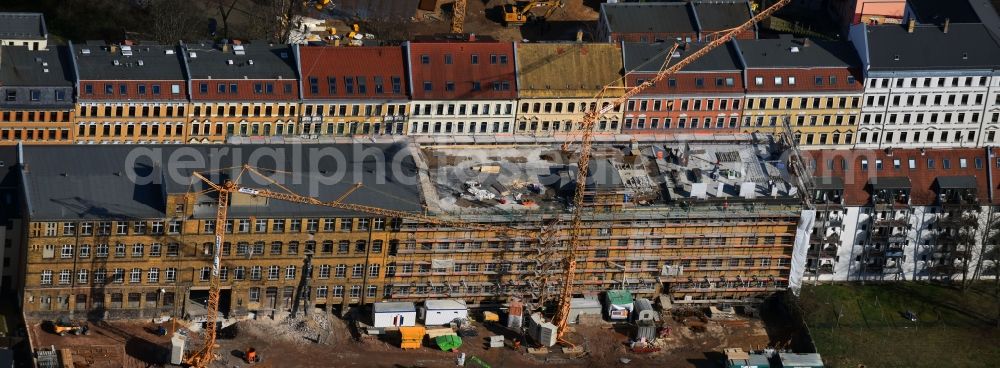 Aerial image Leipzig - Construction for the reconstruction and expansion of the old buildings listed building Albert-Schweitzer-Strasse in Leipzig in the state Saxony