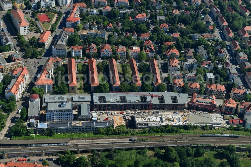 Leipzig from above - Construction site for the conversion and expansion of the listed old building buildings of the Bleichertwerke in the district of Gohlis in Leipzig in the state of Saxony, Germany