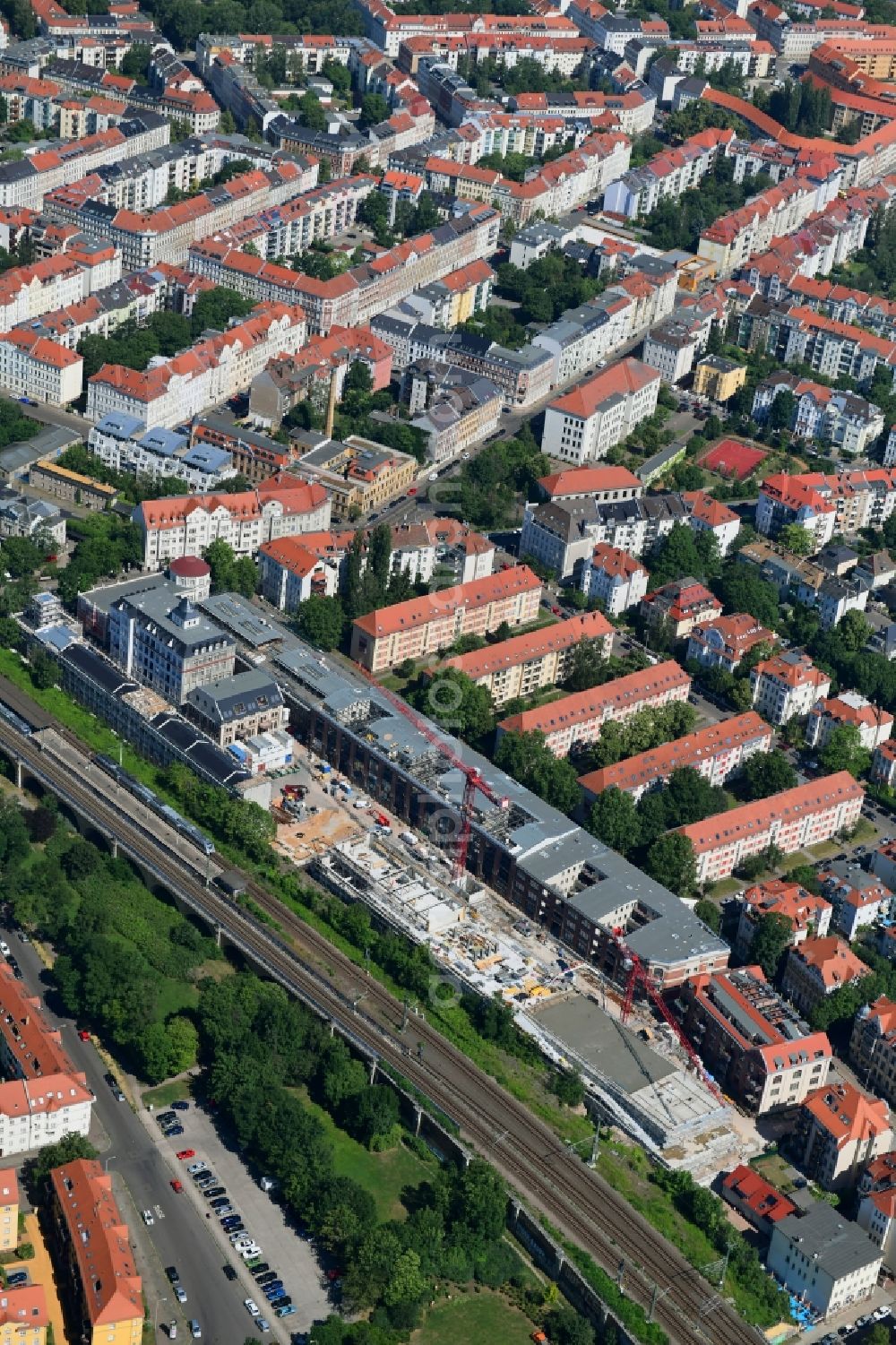 Leipzig from the bird's eye view: Construction site for the conversion and expansion of the listed old building buildings of the Bleichertwerke in the district of Gohlis in Leipzig in the state of Saxony, Germany