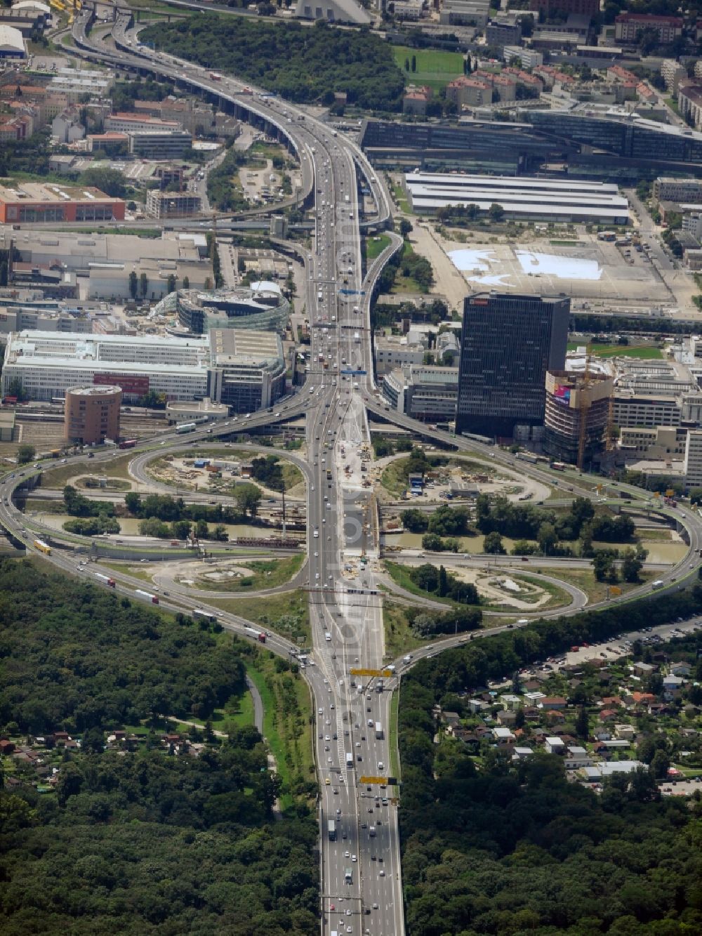 Wien from above - Construction site of the redevelopment of the intersection Knoten Prater of the federal motorway A23 Suedosttangente in Vienna in Austria