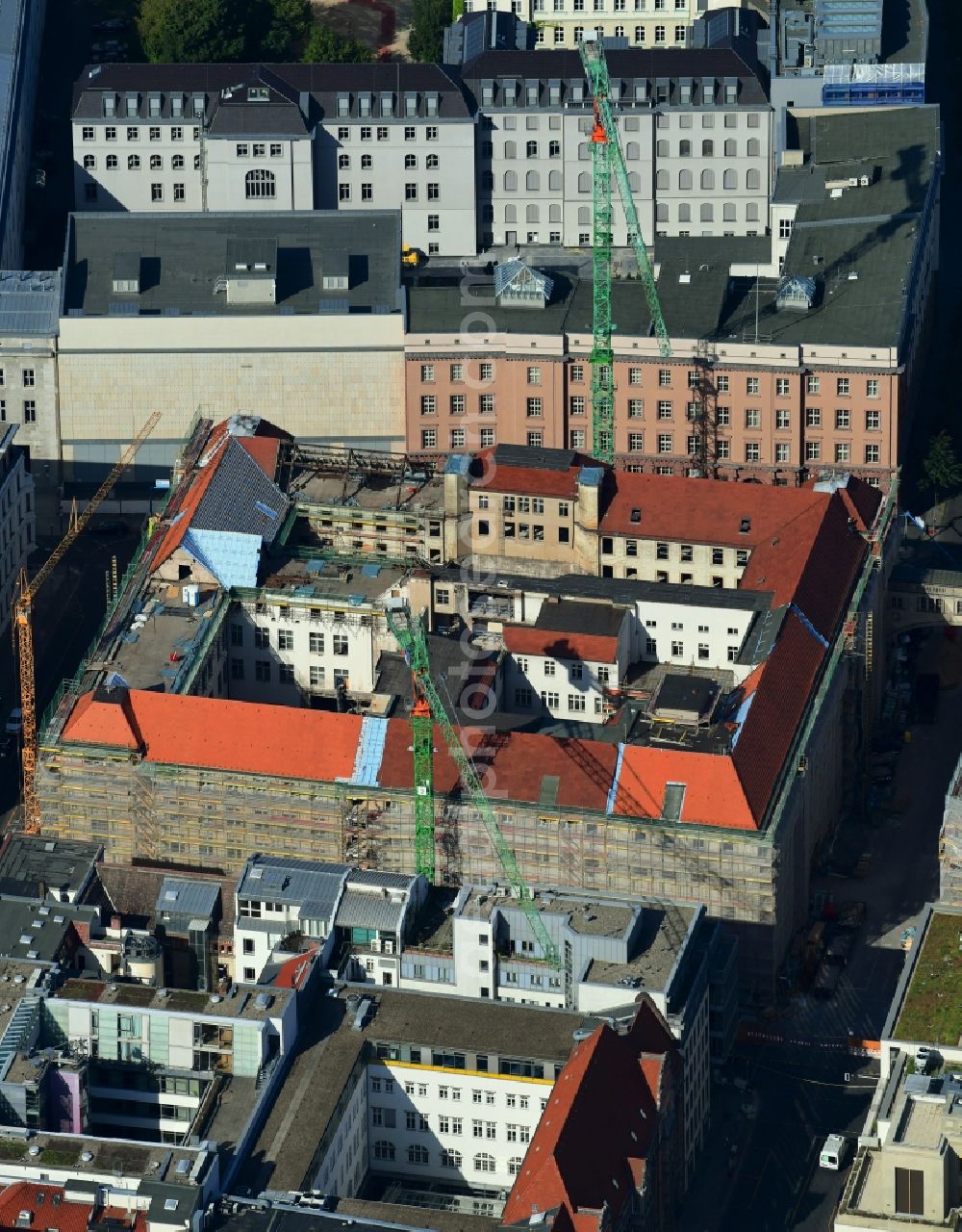 Aerial photograph Berlin - Construction for the reconstruction of Bunofministerium fuer Gesundheit, Berlin on Mauerstrasse - Glinkastrasse in the district Mitte in Berlin, Germany