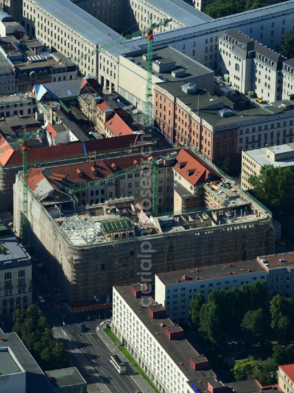 Berlin from the bird's eye view: Construction for the reconstruction of Bunofministerium fuer Gesundheit, Berlin on Mauerstrasse - Glinkastrasse in the district Mitte in Berlin, Germany