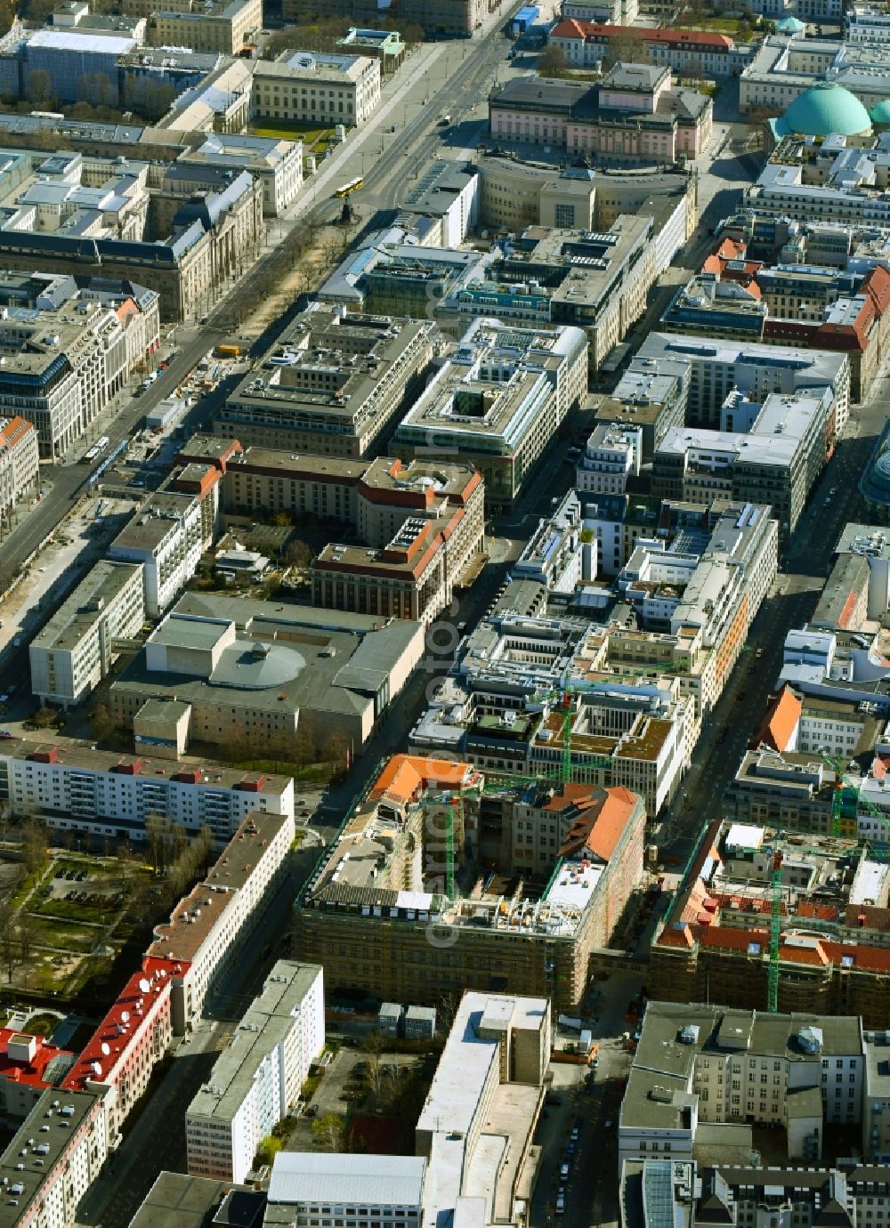 Aerial photograph Berlin - Construction for the reconstruction of Bunofministerium fuer Gesundheit, Berlin on Mauerstrasse - Glinkastrasse in the district Mitte in Berlin, Germany