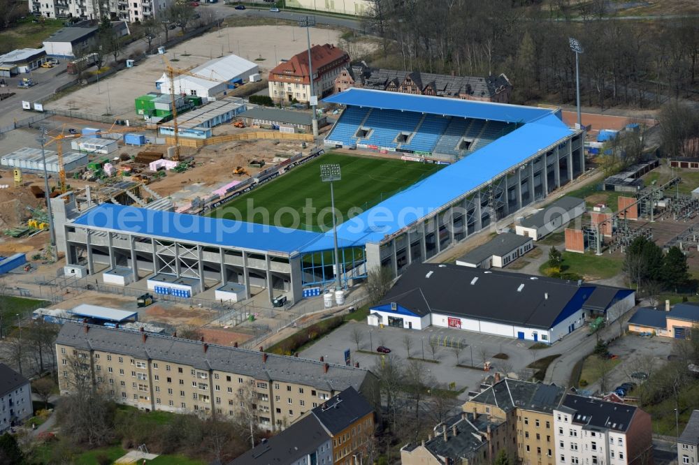 Chemnitz from the bird's eye view: View at the construction site of the football stadium of FC Chemnitz in Saxony