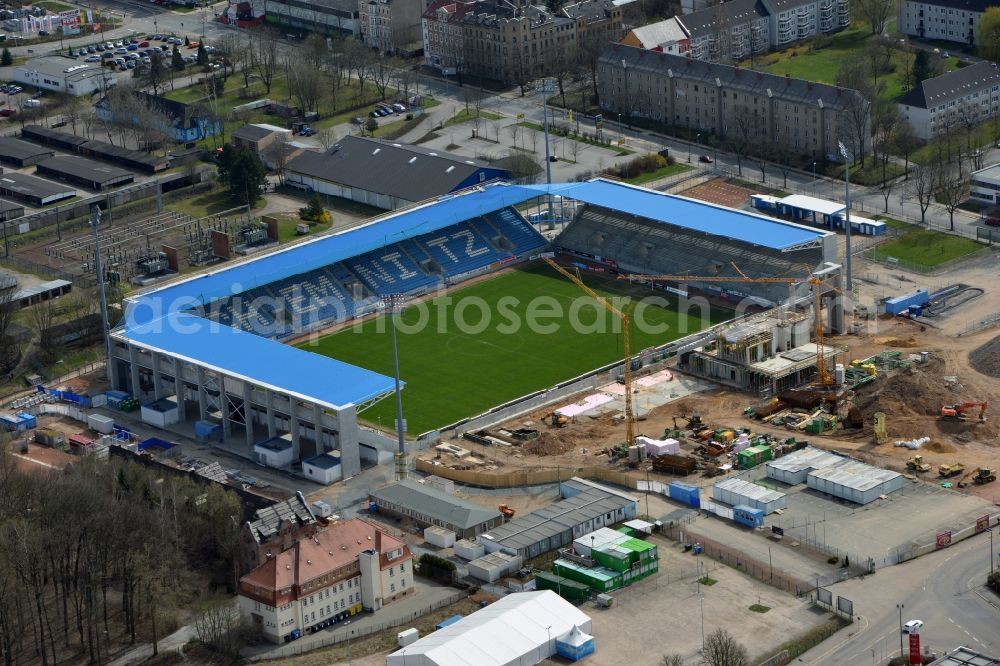 Chemnitz from the bird's eye view: View at the construction site of the football stadium of FC Chemnitz in Saxony