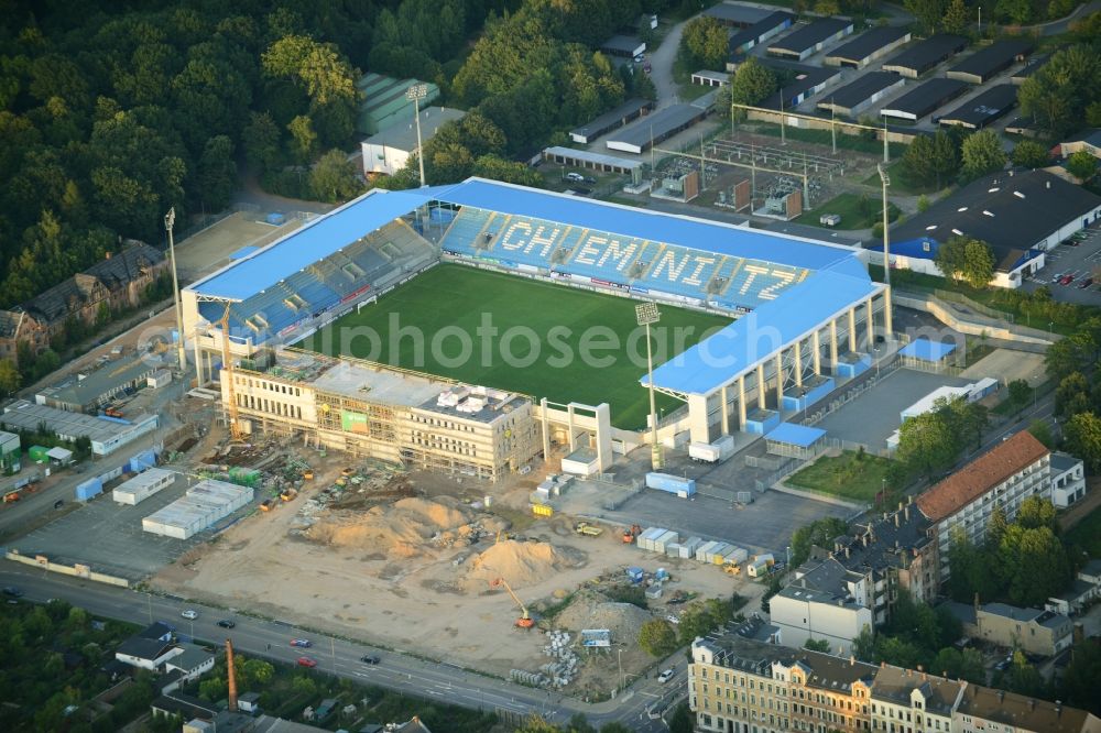 Chemnitz from the bird's eye view: Construction site of the football stadium of FC Chemnitz in Saxony