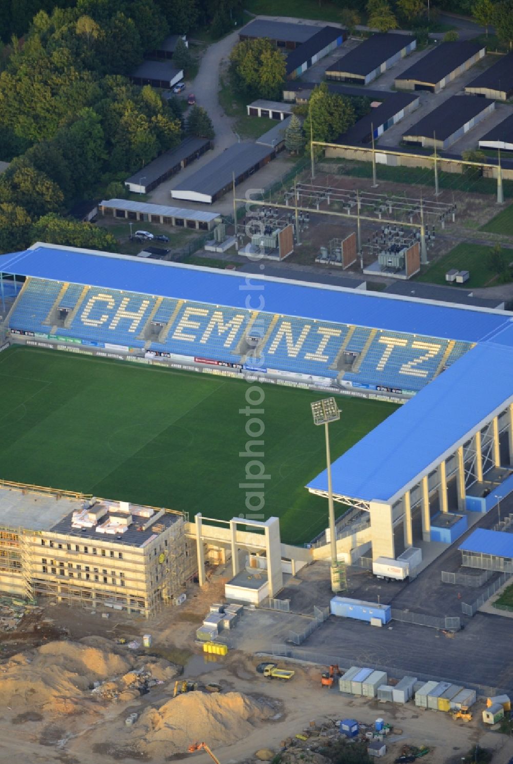 Aerial image Chemnitz - Construction site of the football stadium of FC Chemnitz in Saxony