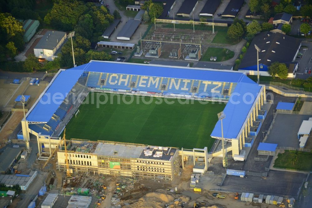 Chemnitz from above - Construction site of the football stadium of FC Chemnitz in Saxony