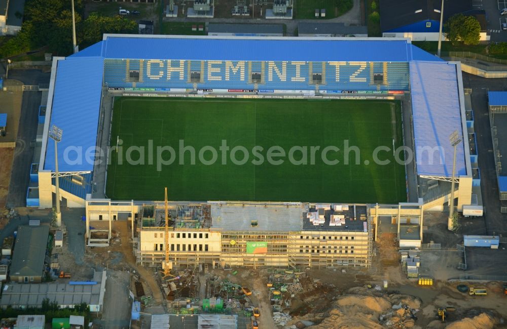 Chemnitz from the bird's eye view: Construction site of the football stadium of FC Chemnitz in Saxony