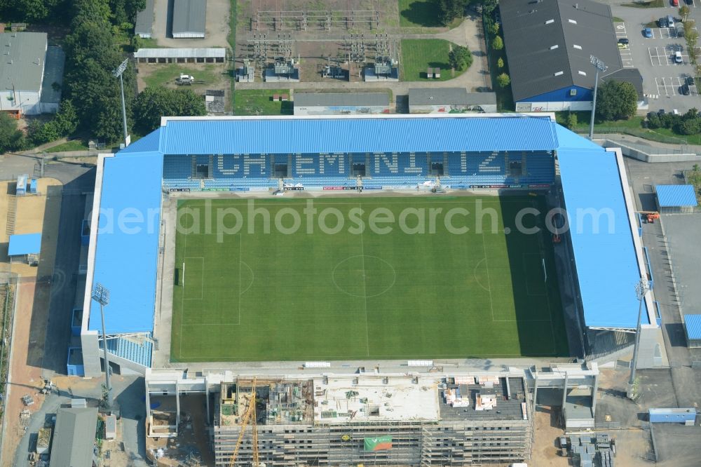 Chemnitz from above - Construction site of the football stadium of FC Chemnitz in Saxony