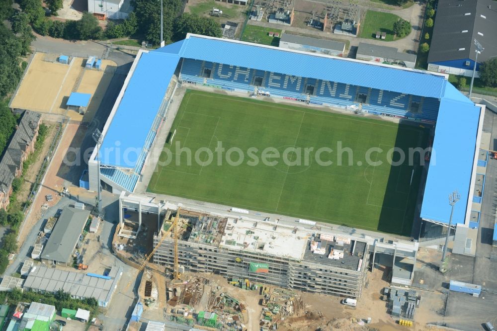 Chemnitz from the bird's eye view: Construction site of the football stadium of FC Chemnitz in Saxony