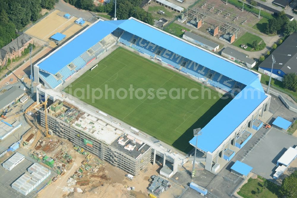 Aerial image Chemnitz - Construction site of the football stadium of FC Chemnitz in Saxony