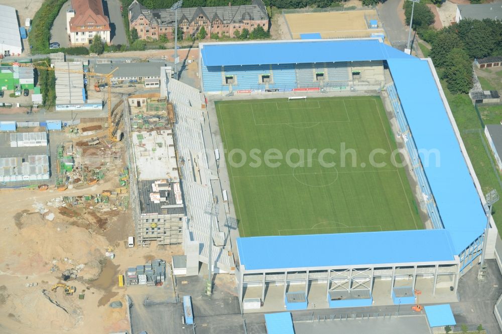 Chemnitz from above - Construction site of the football stadium of FC Chemnitz in Saxony