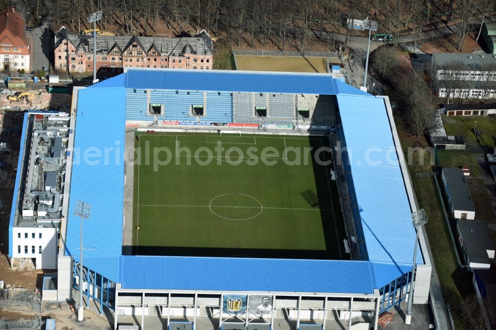 Chemnitz from above - Construction site of the football stadium of FC Chemnitz in Saxony