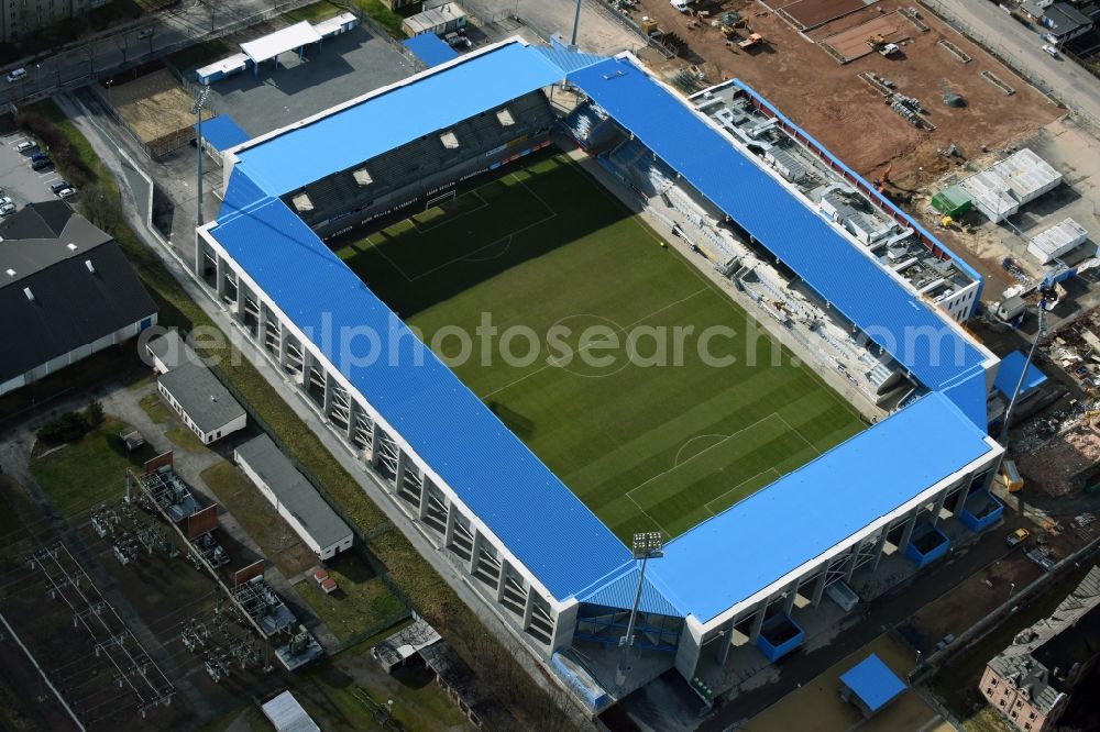 Chemnitz from the bird's eye view: Construction site of the football stadium of FC Chemnitz in Saxony